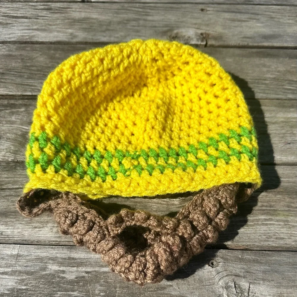 Crochet Yellow and Green Striped winter hat for Kids with beard/mustache combo